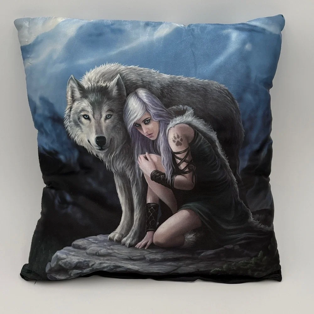 Anne Stokes Collection Mystical Wolf and Woman Satin Pillow